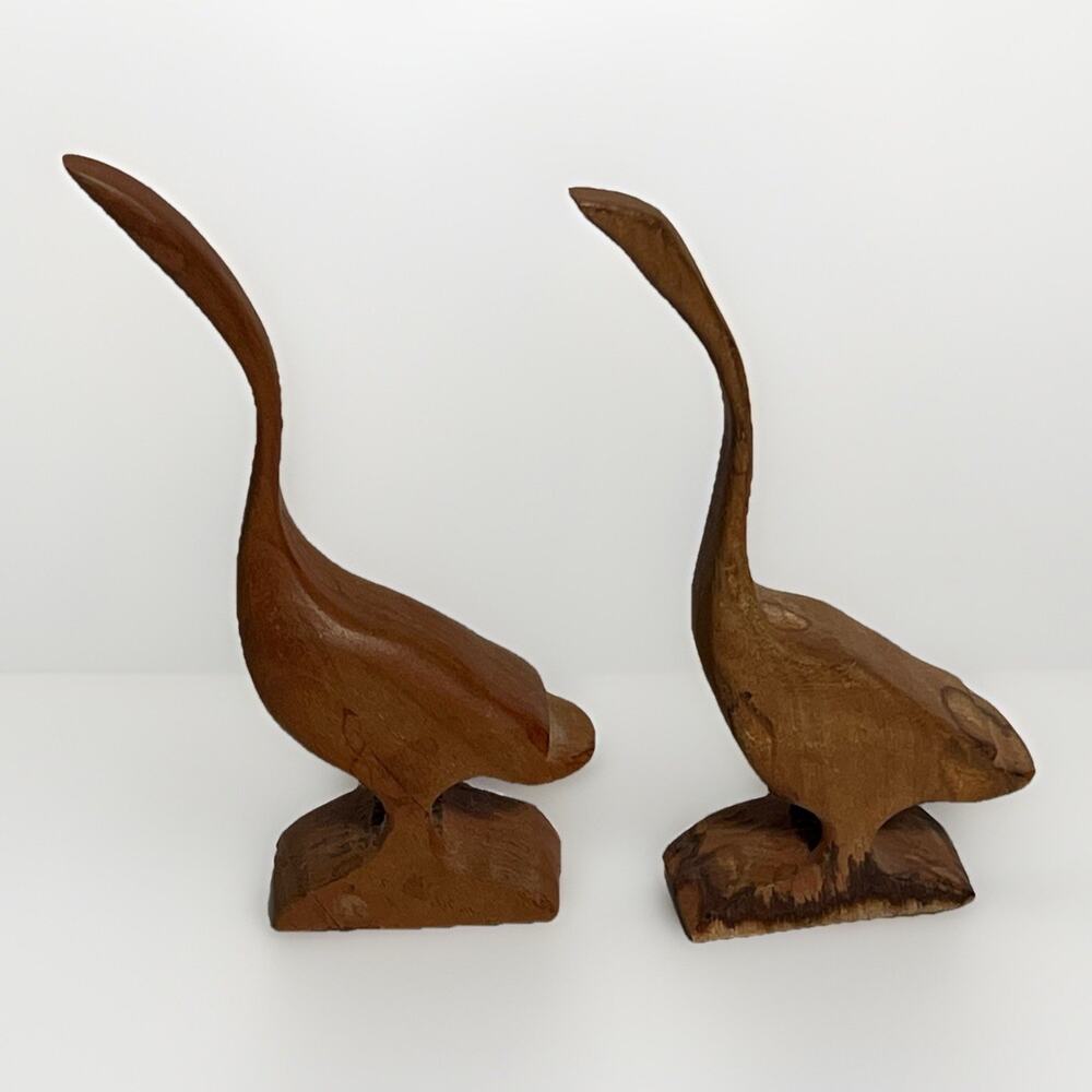 Pair Of Vintage Mid Century Modern Wooden Hand Carved Bird Crane Goose Set